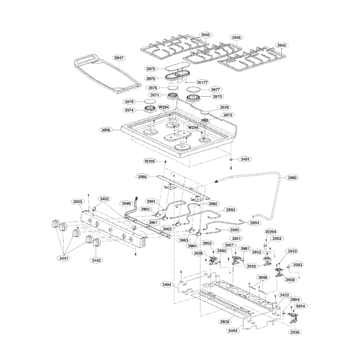Cooktop Diagram and Parts List for LDG3036ST 00 LG Range