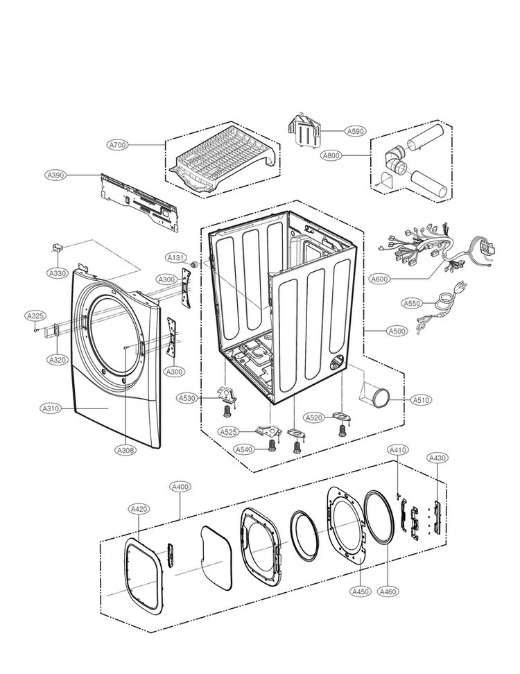 Cabinet And Door Parts Diagram and Parts List for DLGX4271V  LG Dryer