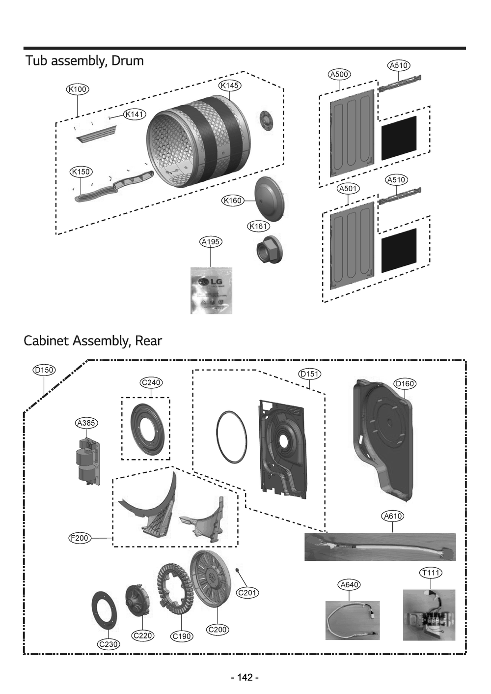 Tub Assembly, Drum Diagram and Parts List for WKHC252HBA ABLEEUS LG Washer Dryer Combo