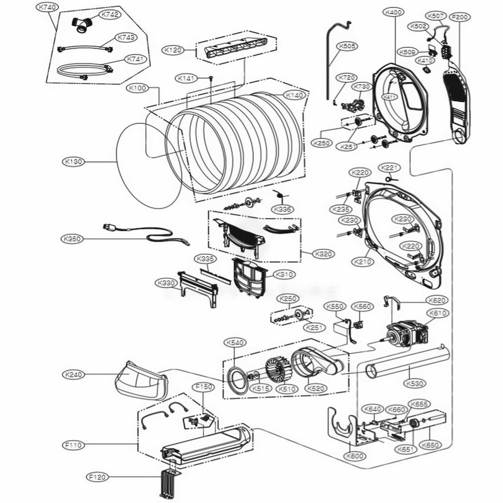 Drum And Motor Assembly Diagram and Parts List for DLEX7700WE ABWEEUS LG Dryer
