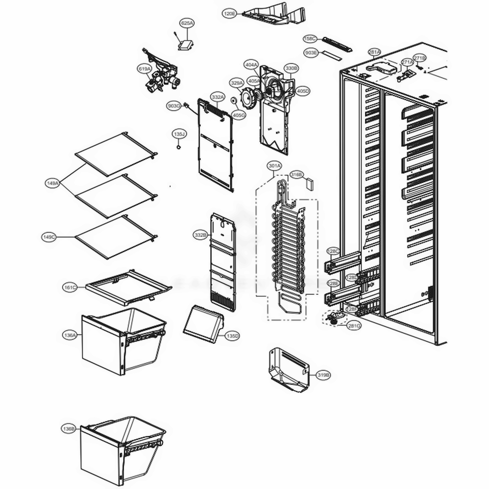 Freezer Compartment Diagram and Parts List for LSXS26396S ASTCNA2 LG Refrigerator
