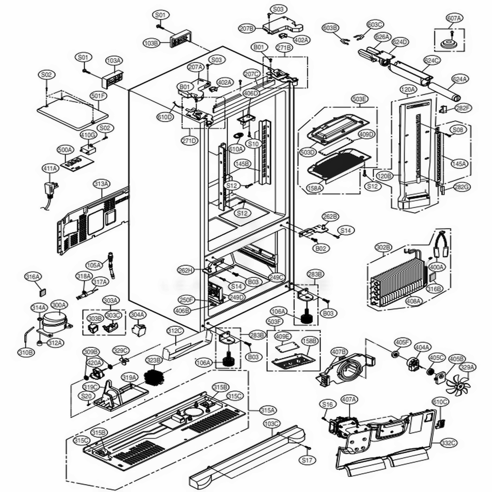 Case Parts Diagram and Parts List for 79737 ABS4SER LG Refrigerator