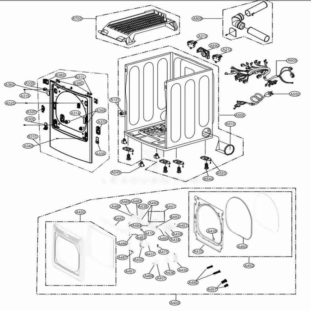Cabinet And Door Assembly: Gas Type Diagram and Parts List for DLGX7601WE ABWEEUS LG Dryer