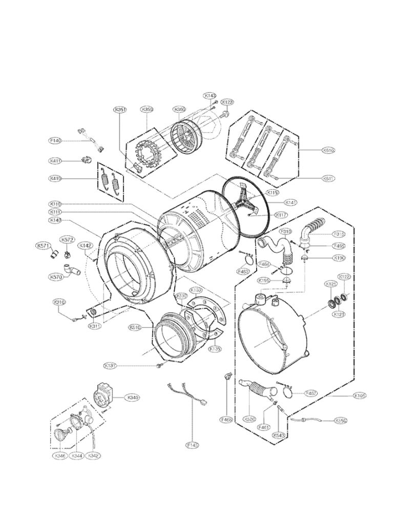 Drum And Tub Assembly Parts Diagram and Parts List for WM2250CW 00 LG Washer