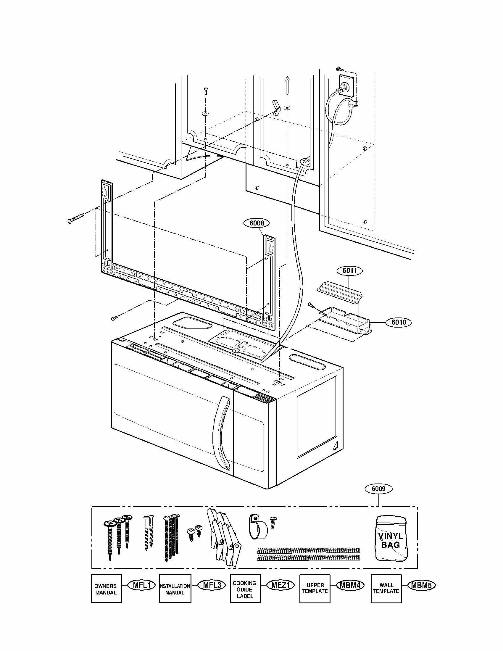 Installation Parts Diagram and Parts List for 72185033111  Kenmore Microwave