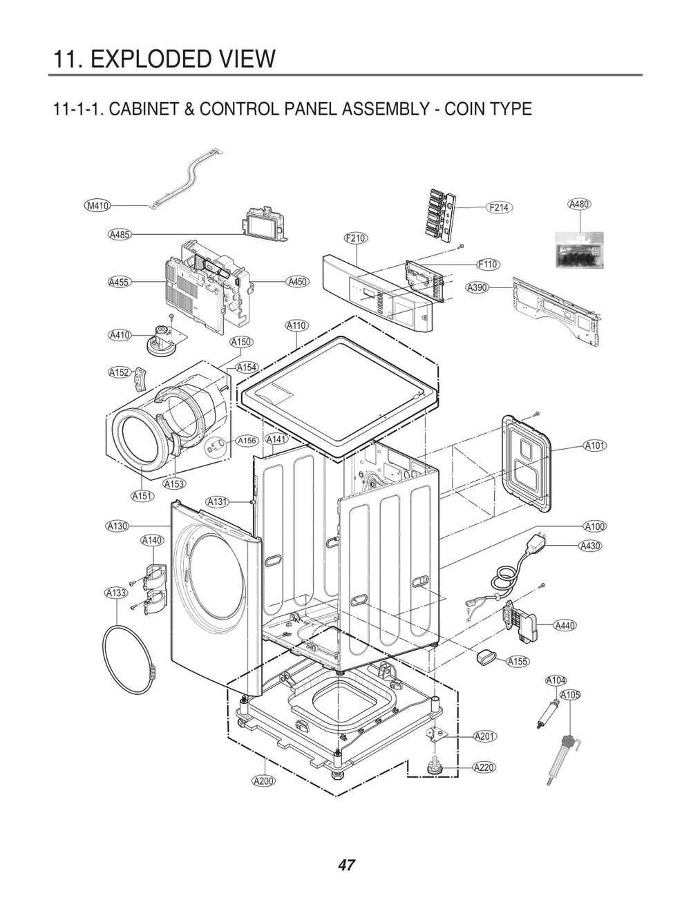 Cabinet And Control Panel Assembly Coin Type Diagram and Parts List for FH0C7FD4 ASSEELC LG Washer