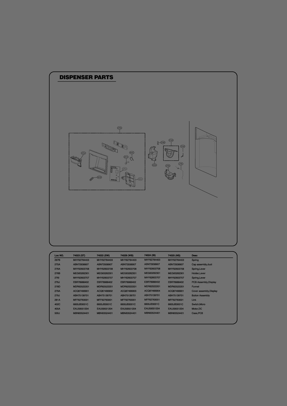 Dispenser Parts Diagram and Parts List for GR-L318LQTM ASWCSE1 LG Refrigerator