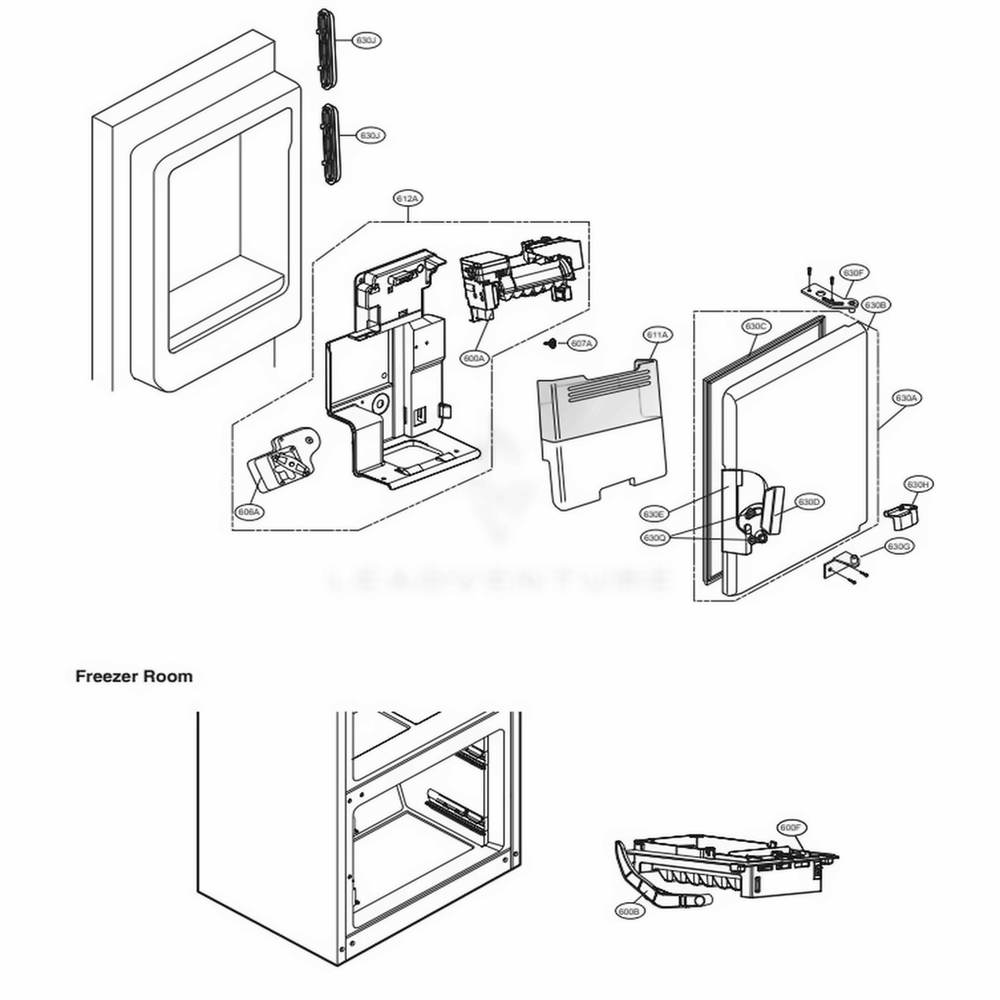 Ice Bin Parts Diagram and Parts List for LFX25973D ASBCNA0 LG Refrigerator
