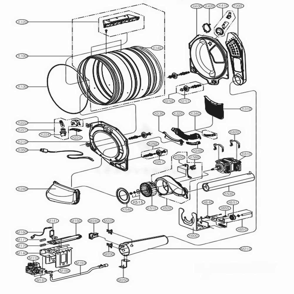 Drum And Motor Assembly: Gas Type Diagram and Parts List for 90441 ABWESEC LG Dryer