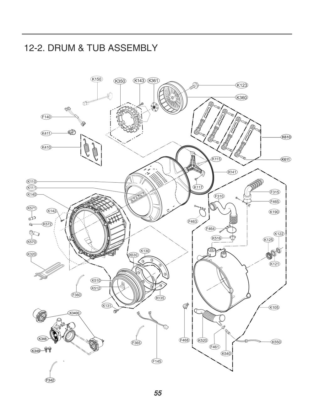 Drum And Tub Assembly Diagram and Parts List for GCWM1069CS8 ABWEELC LG Washer