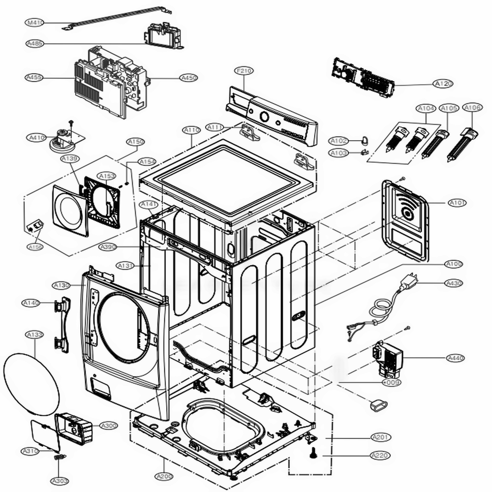 Cabinet And Control Panel Assembly Diagram and Parts List for 41683 ASTESEU LG Washer
