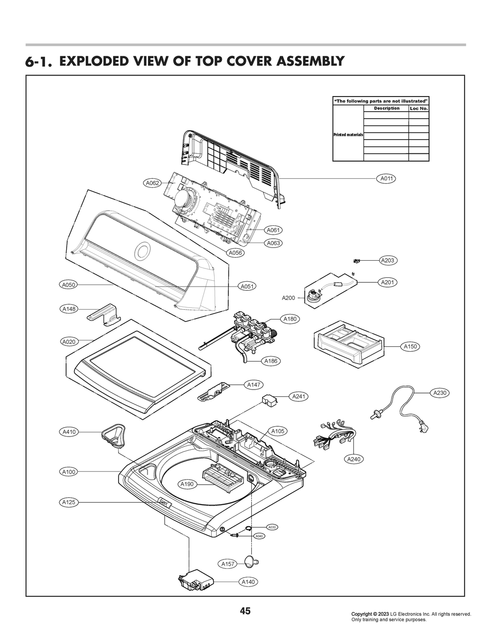 Top Cover Assembly Diagram and Parts List for T17A1EFHU5B ASSEUCI LG Washer
