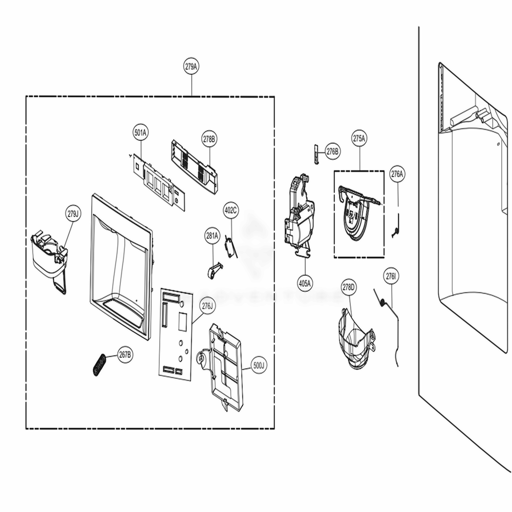 Dispenser Parts Diagram and Parts List for 72482 ASWCSE1 LG Refrigerator