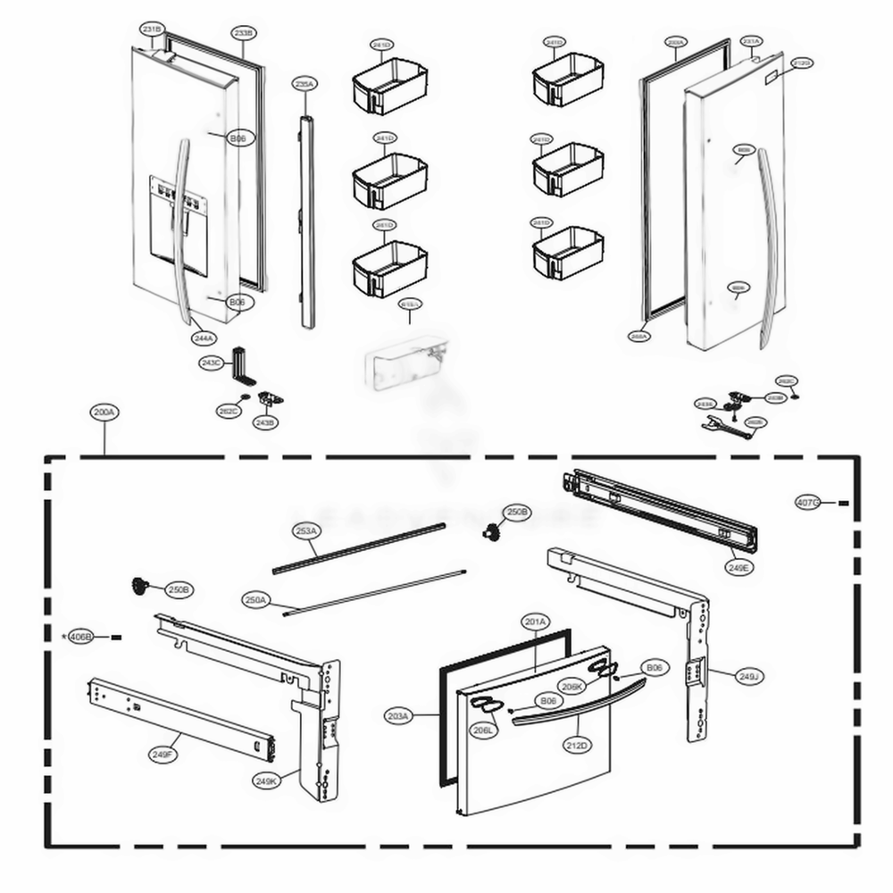 Door Parts Diagram and Parts List for LRFWS2906S ASTCNA0 LG Refrigerator