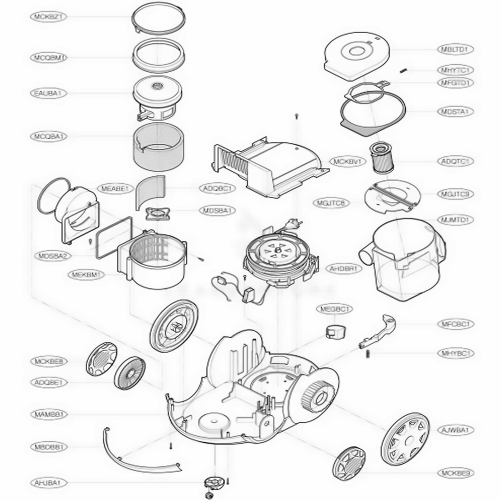 Base Assembly, Body Diagram and Parts List for S3765 ACHEHOO LG Canister Vacuum