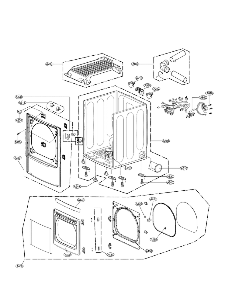Cabinet And Door Assembly Parts Diagram and Parts List for DLEX6001W  LG Dryer