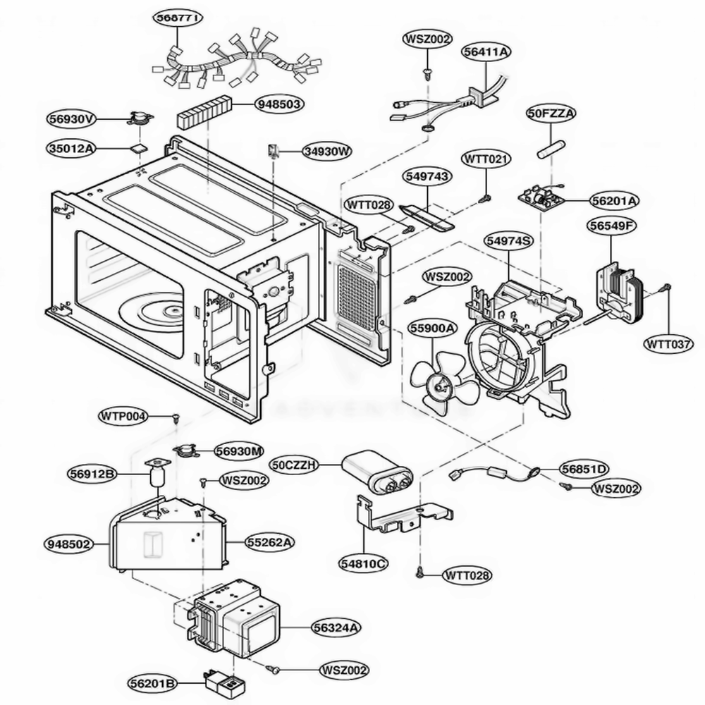 Interior Parts Diagram and Parts List for LD10D AGREAMA LG Wall Oven