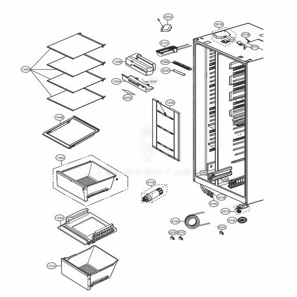 Refrigerator Compartment Diagram and Parts List for LSXS26396S ASTCNA3 LG Refrigerator