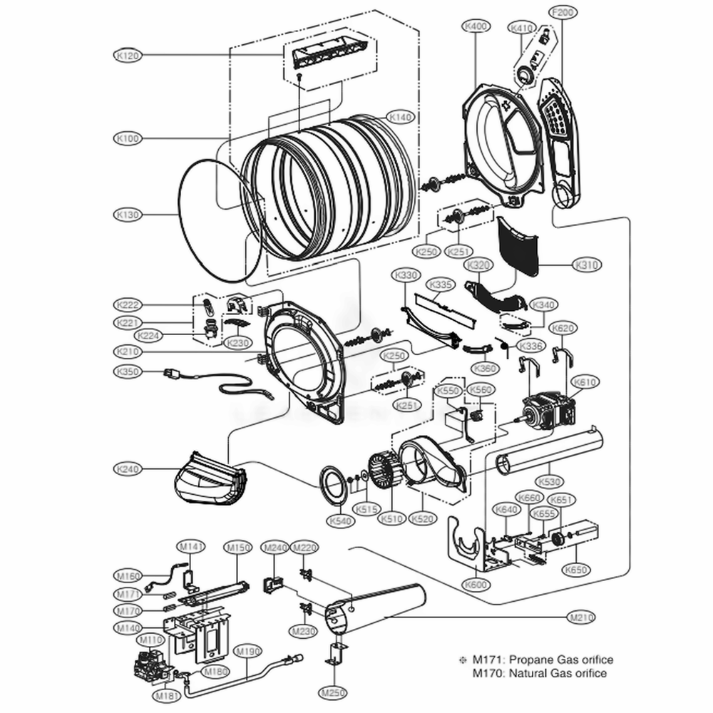 Drum And Motor Assembly: Gas Type Diagram and Parts List for DLGX4071W ABWEEUS LG Dryer