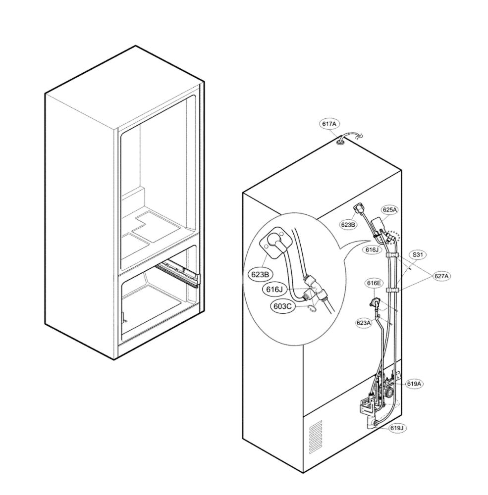 Valve And Water Tube Parts Diagram and Parts List for LFXS26973S 01 LG Refrigerator