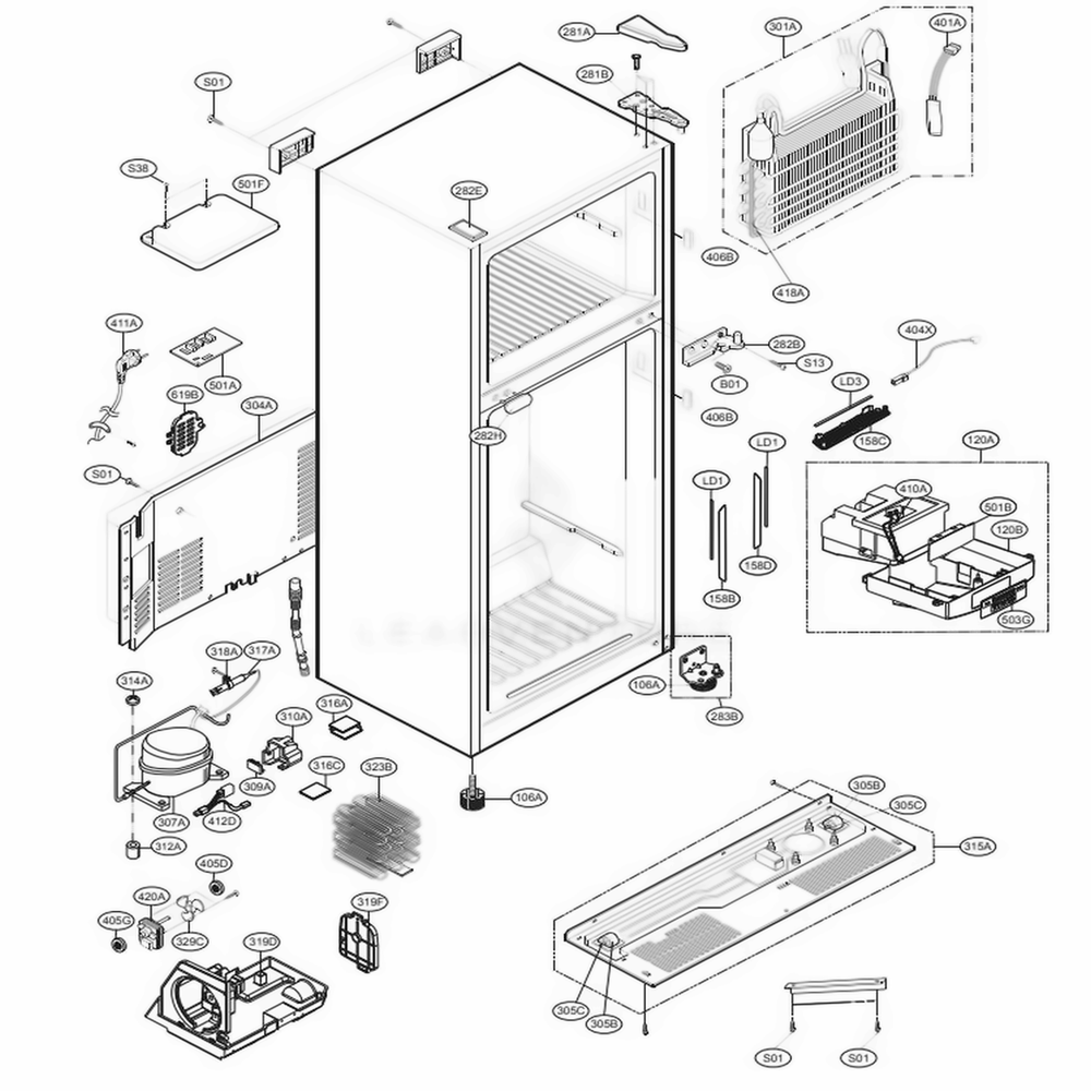 Case Parts Diagram and Parts List for 68033 ASTCSE6 LG Refrigerator