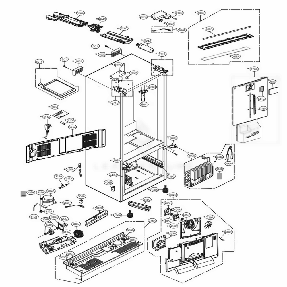 Case Parts Diagram and Parts List for LFXS28968D ASBCNA2 LG Refrigerator