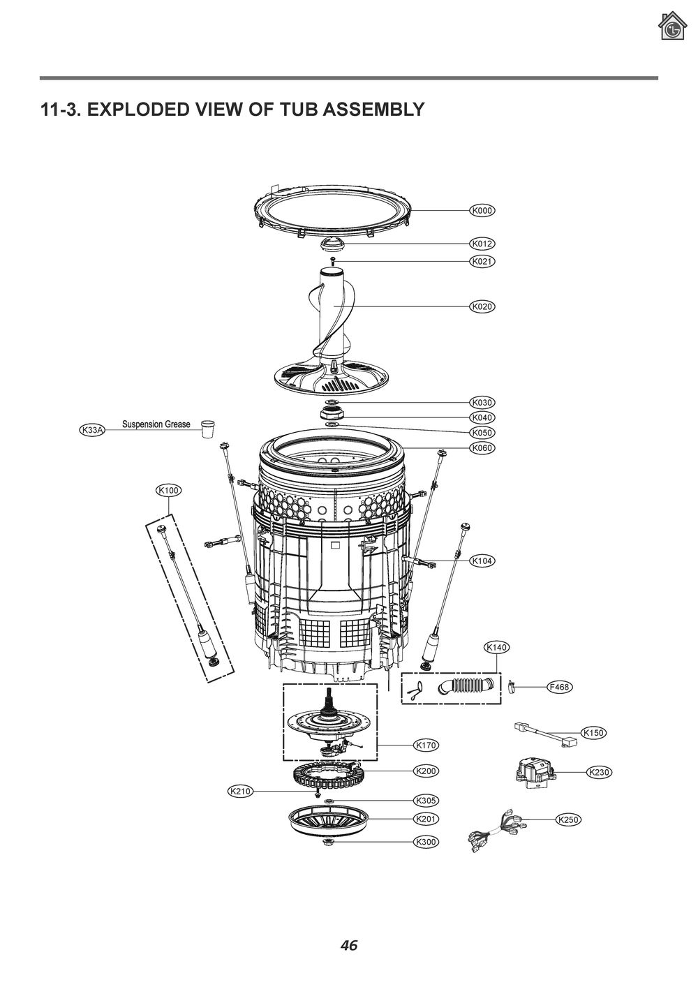 Tub Assembly Suspension Grease Diagram and Parts List for T1001E3J ABWEELC LG Washer