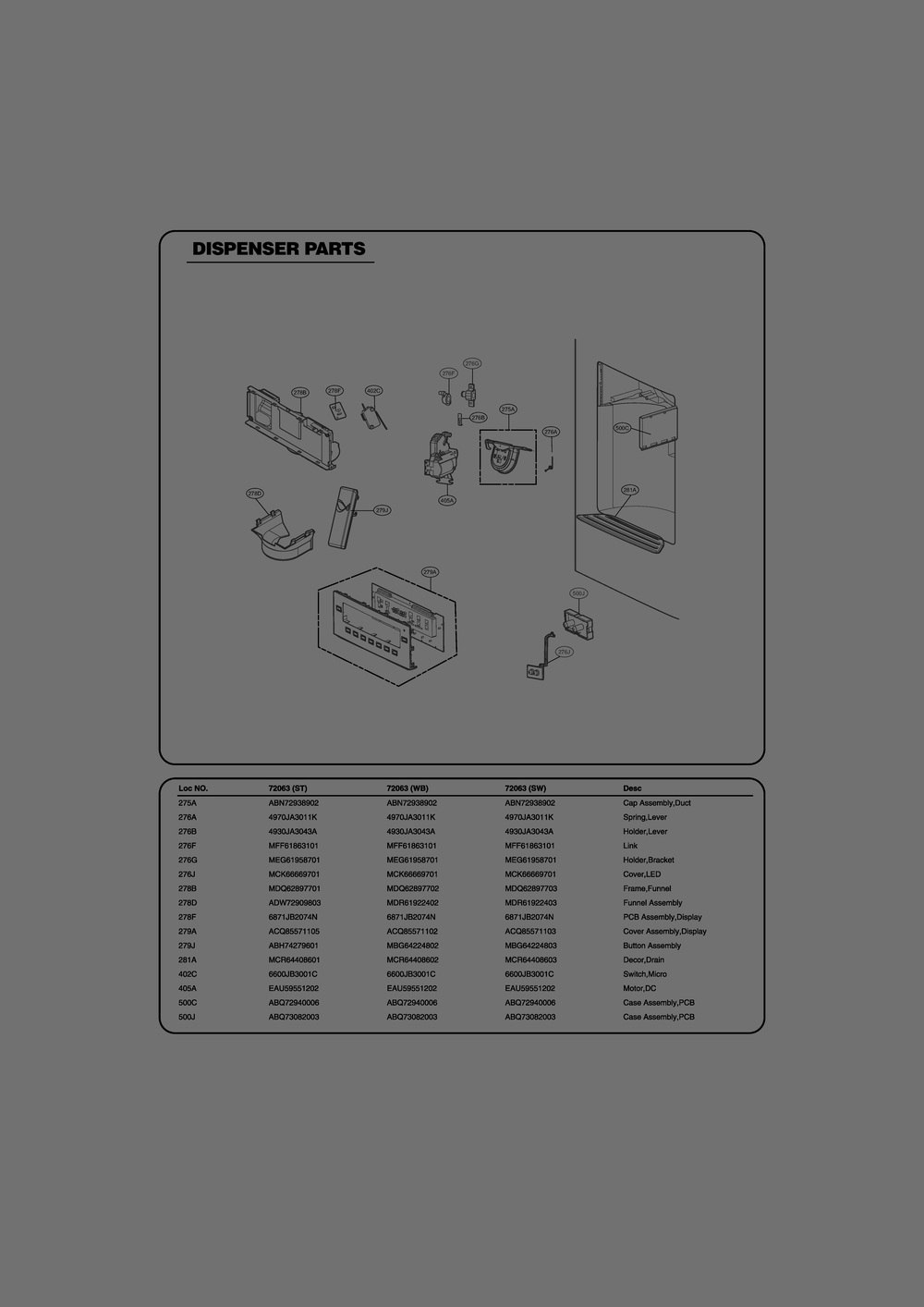 Dispenser Parts Diagram and Parts List for GR-J318LQTP ASWCSE2 LG Refrigerator