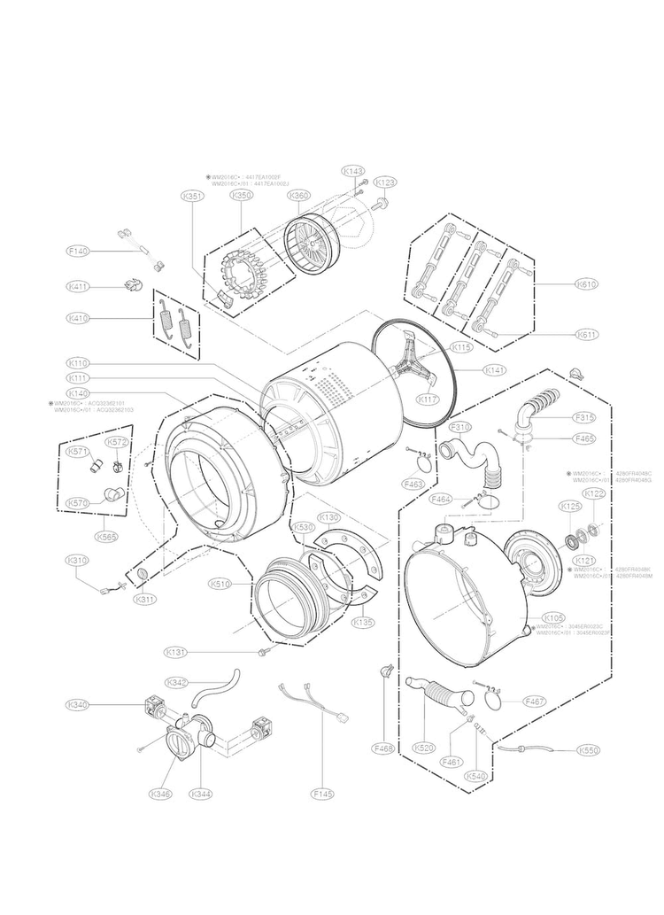 Drum And Tub Parts Diagram and Parts List for WM2016CW 00 LG Washer