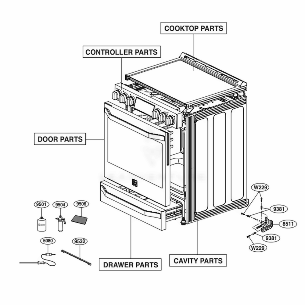 Main Diagram and Parts List for LSSE3030BD AB6LSTD LG Range