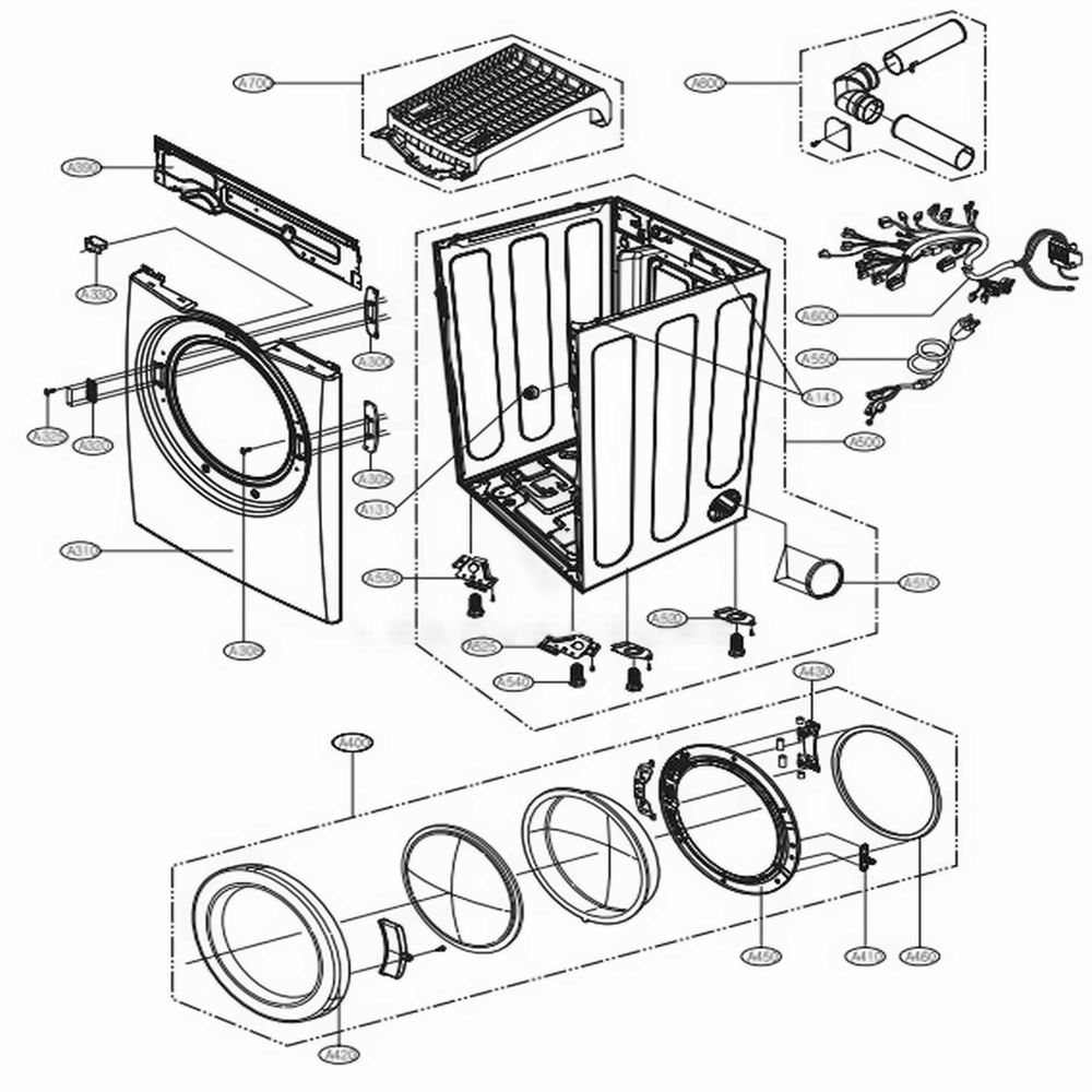 Cabinet And Door Assembly Diagram and Parts List for DLG5988BM ABEEUS LG Dryer
