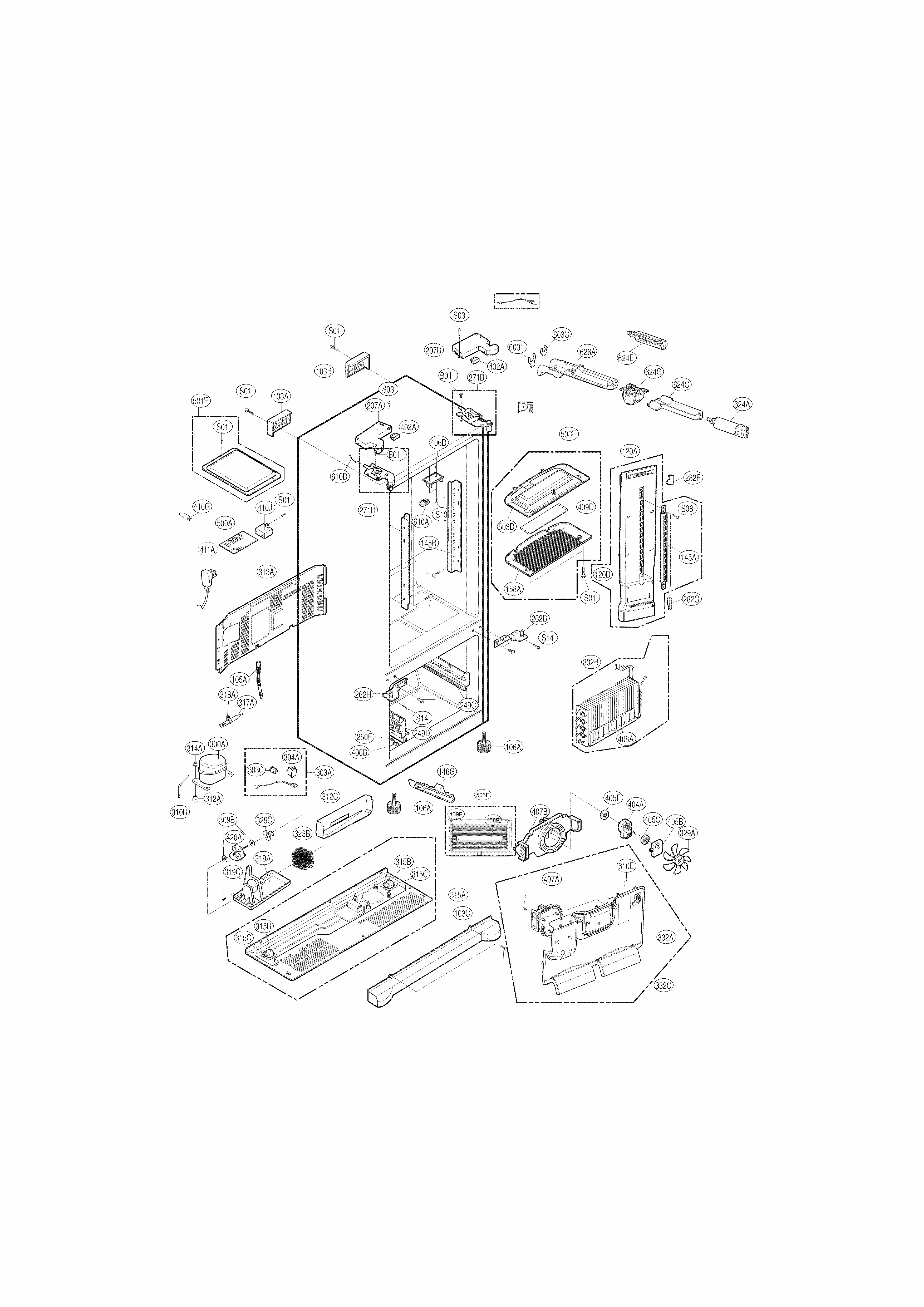 Case Parts Diagram and Parts List for 79570333410  Kenmore Refrigerator