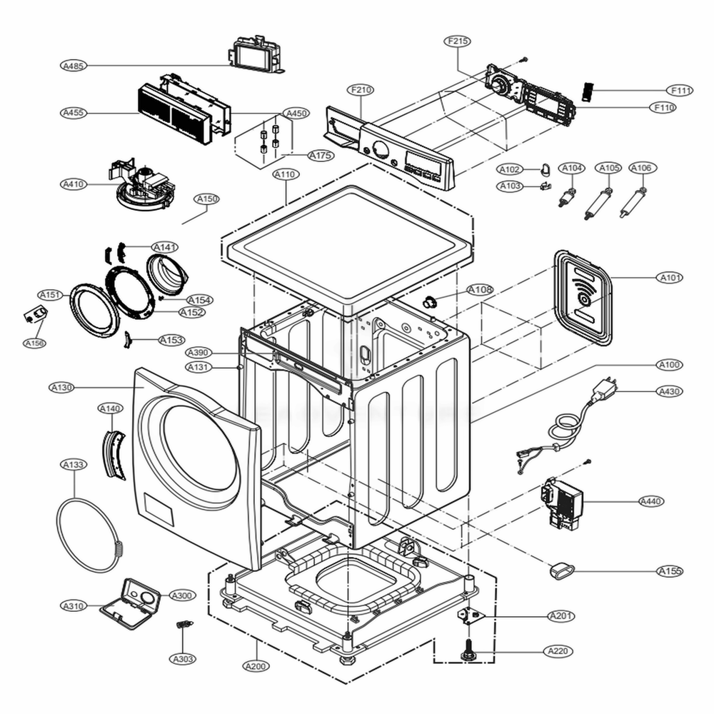 Cabinet And Control Panel Assembly Diagram and Parts List for 41462 ABWEUEU LG Washer