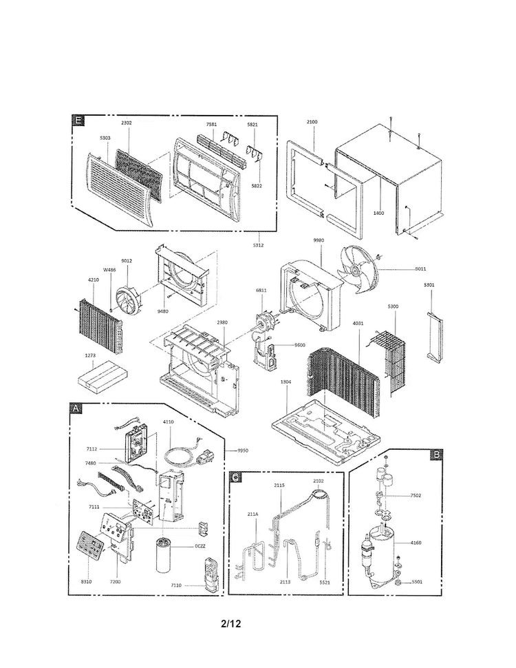 Exploded View Parts Diagram and Parts List for LT1230CR-Y7  LG Air Conditioner