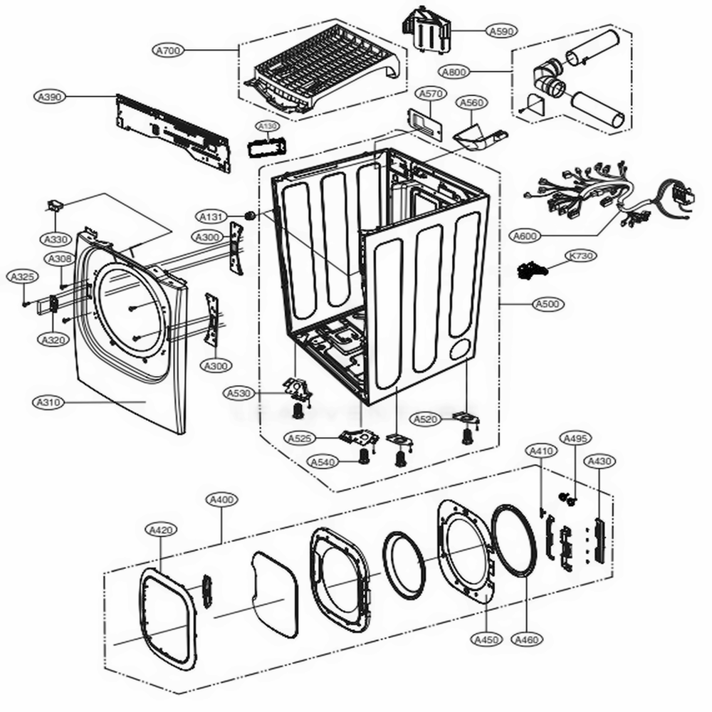 Cabinet And Door Assembly: Electric Type Diagram and Parts List for DLEX4500B ABLEEUS LG Dryer