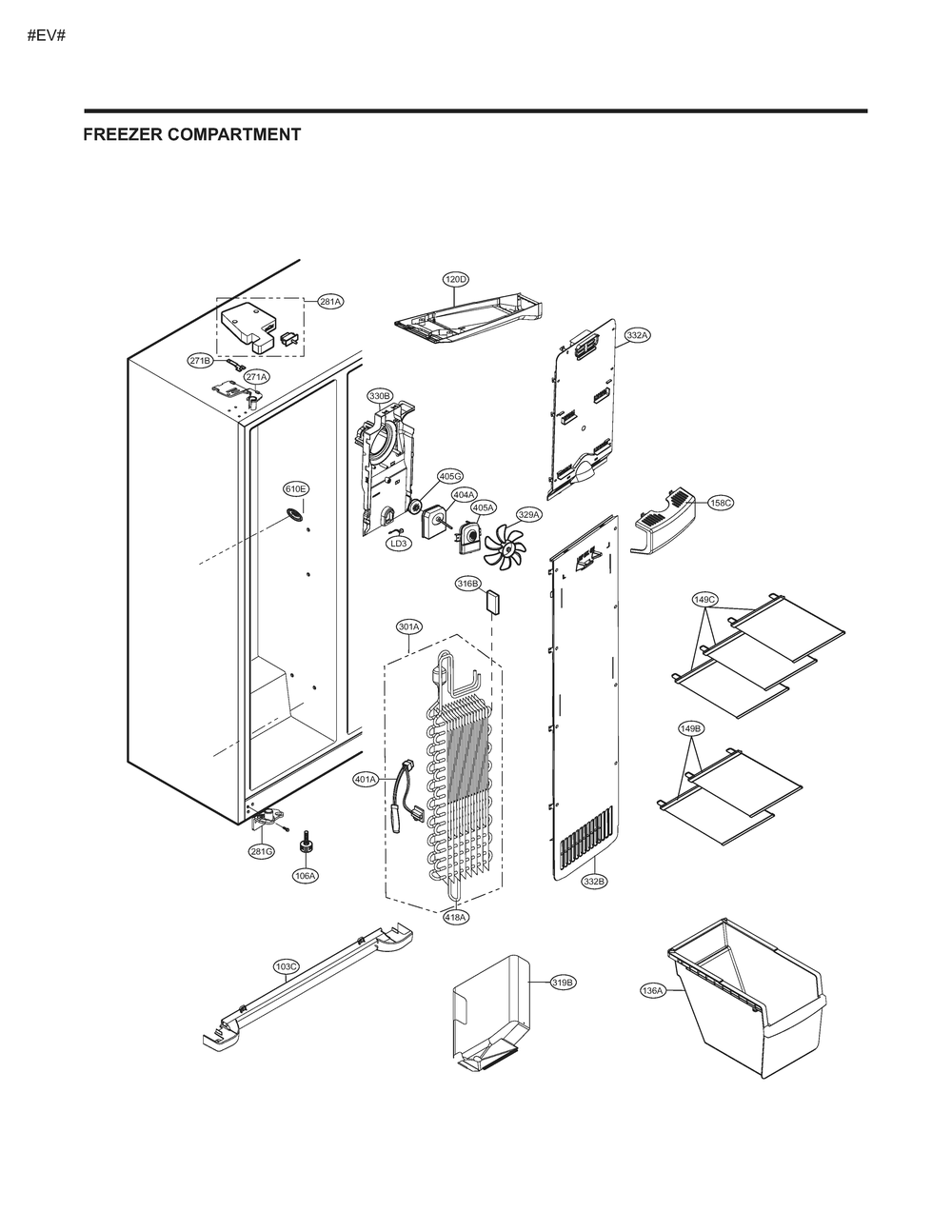 Freezer Compartment Diagram and Parts List for GM-L237LQJM ASWCSE1 LG Refrigerator