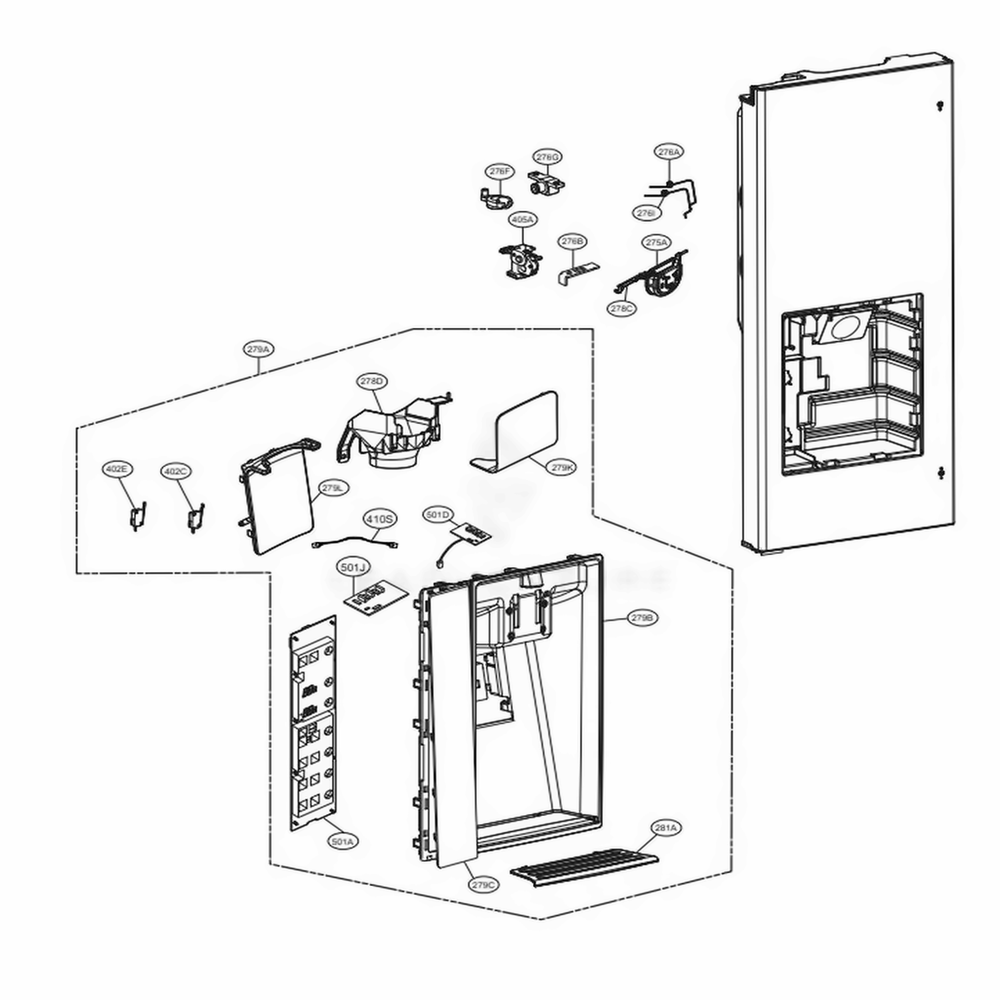 Dispenser Parts Diagram and Parts List for LMXC23796S ASTCNA0 LG Refrigerator