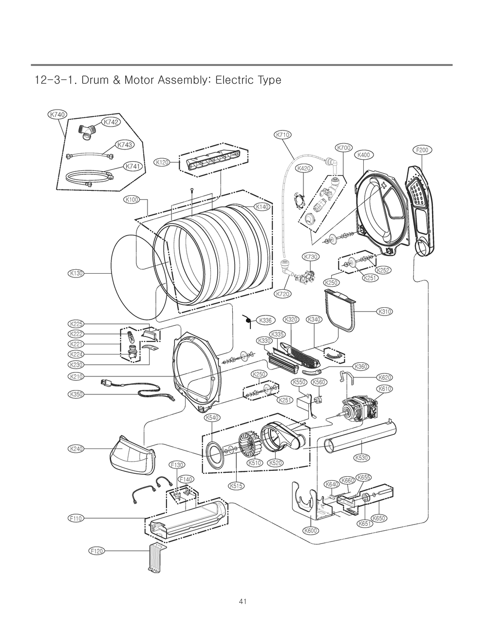 Drum And Motor Assembly Diagram and Parts List for RV1367ES ASSEEUS LG Dryer