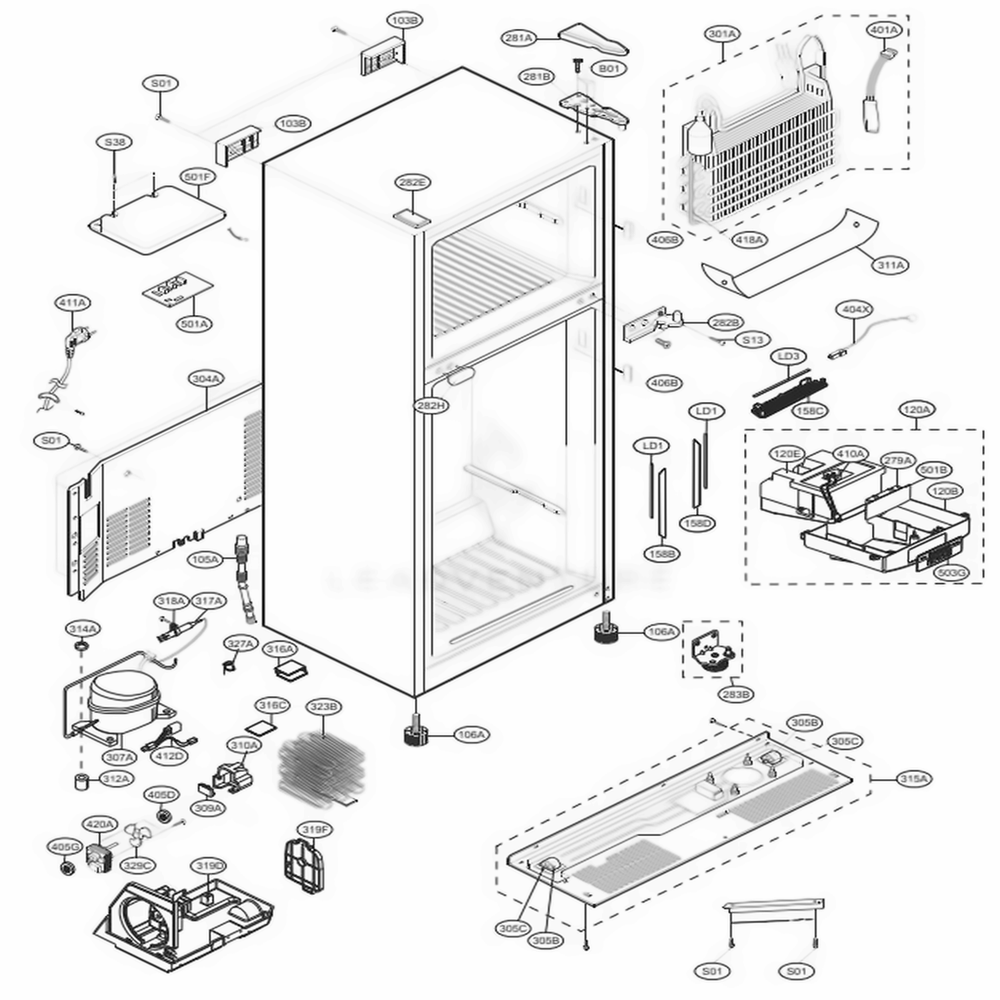Case Parts Diagram and Parts List for LTCS24223S ASTCNA3 LG Refrigerator