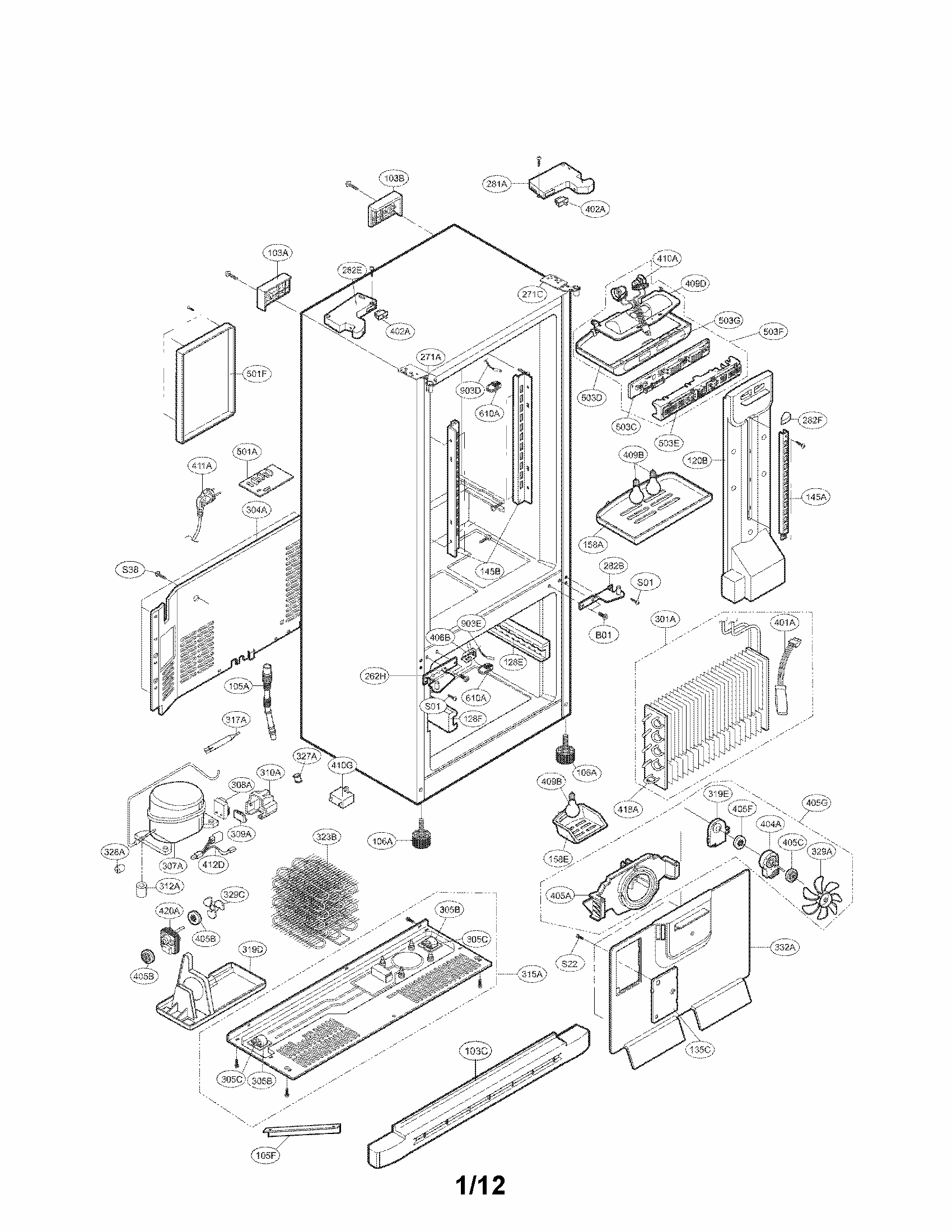 Case Parts Diagram and Parts List for 79571304012  Kenmore Refrigerator