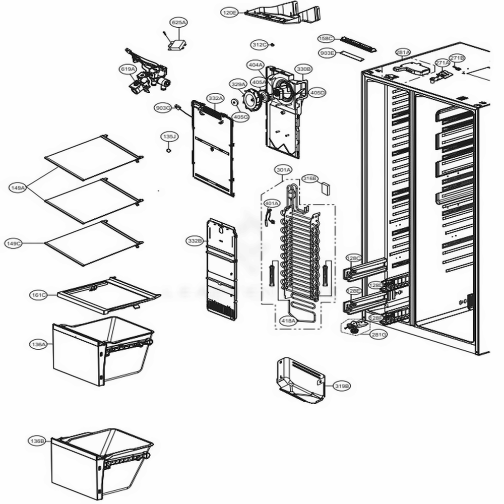 Freezer Compartment Diagram and Parts List for LSXS26326W ASWCNA2 LG Refrigerator