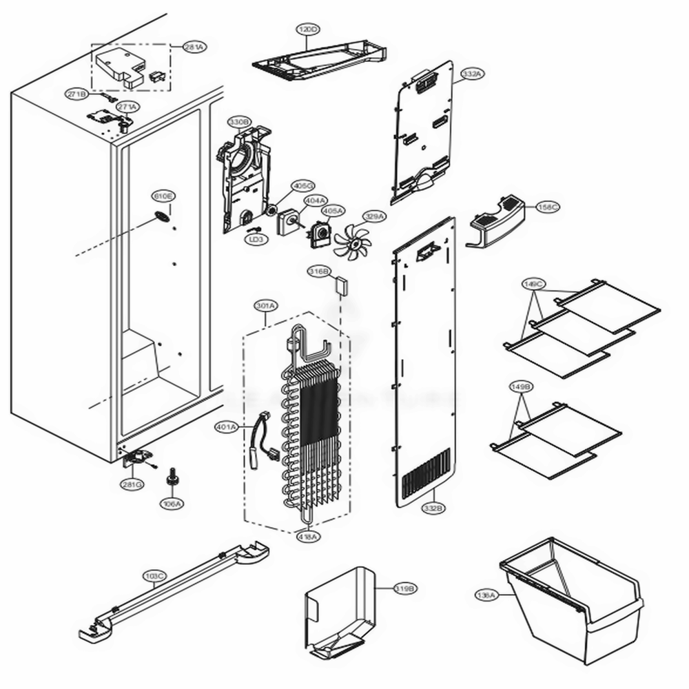 Freezer Compartment Diagram and Parts List for LSXS22423S ASTCNA2 LG Refrigerator