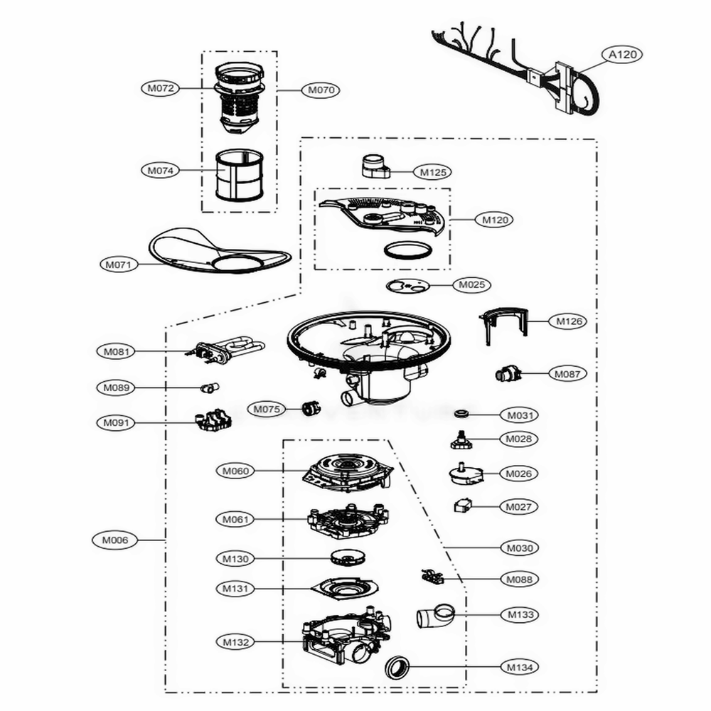 Sump Assembly Diagram and Parts List for 14693 ASTESEU LG Dishwasher
