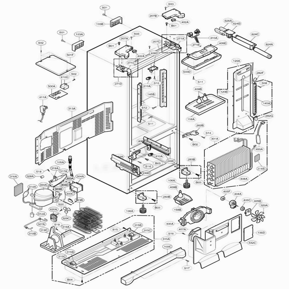 Case Parts Diagram and Parts List for 78509 AWBCSER LG Refrigerator