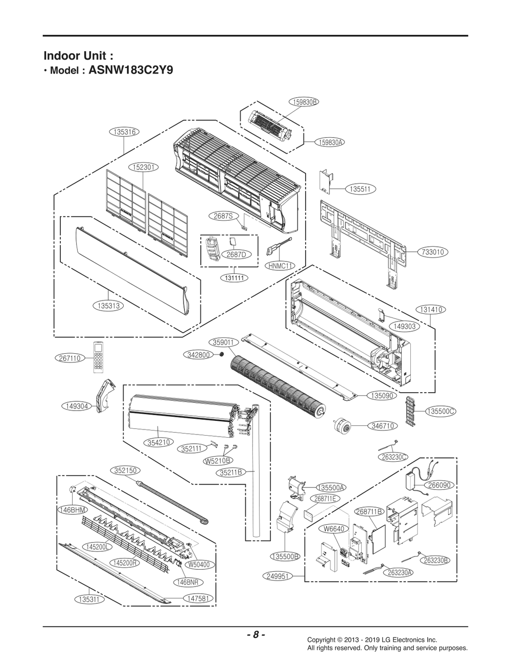 Indoor Unit Diagram and Parts List for ASNW183C2Y9 AWHBEUS LG Air Conditioner