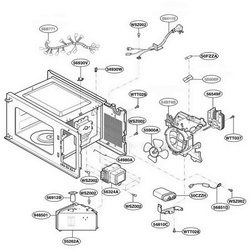 Interior Parts Diagram and Parts List for MT4110SPQ KWHEWRP LG Wall Oven