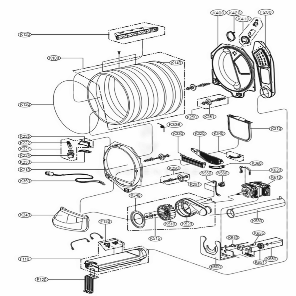 Drum And Motor Assembly Diagram and Parts List for DLEX5780WE ABWEEUS LG Dryer