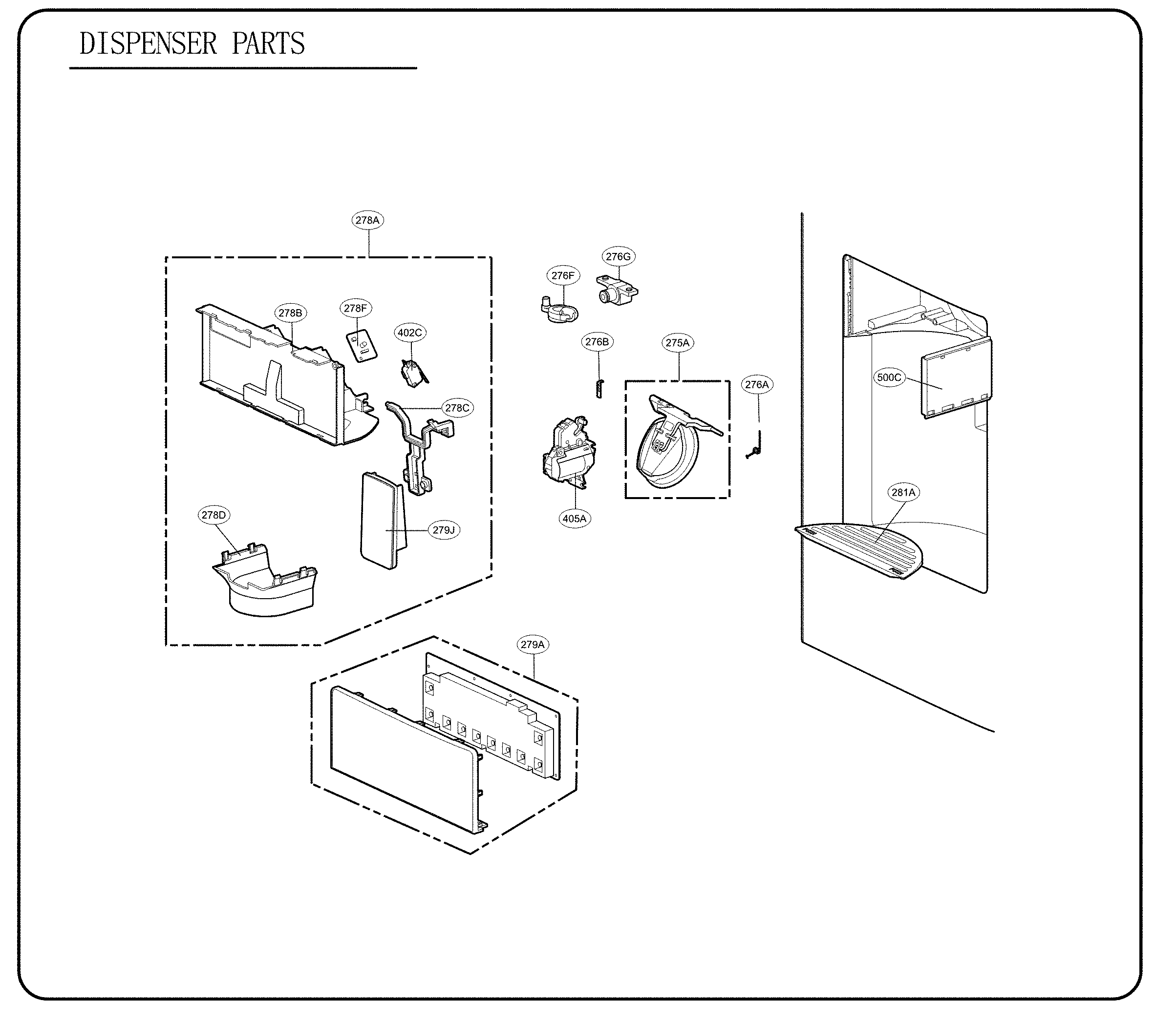 Dispenser Parts Diagram and Parts List for 79572493610  Kenmore Refrigerator