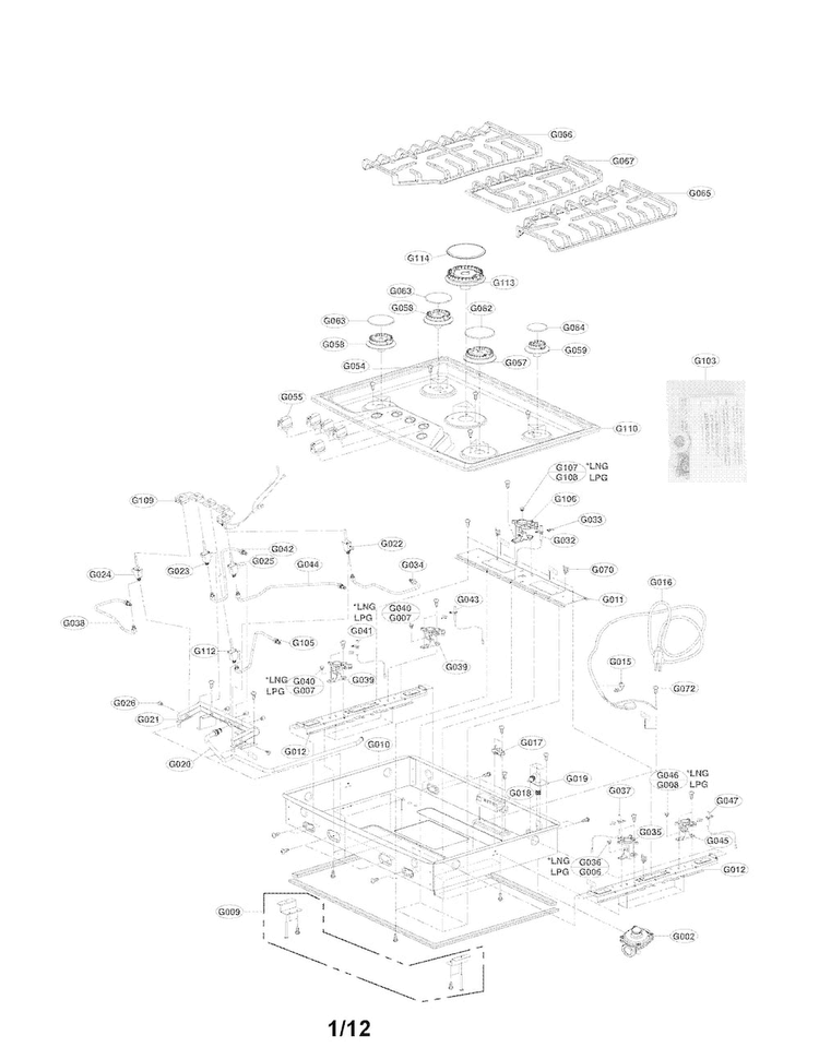 Exploded View Parts Diagram and Parts List for LCG3011ST  LG Cooktop