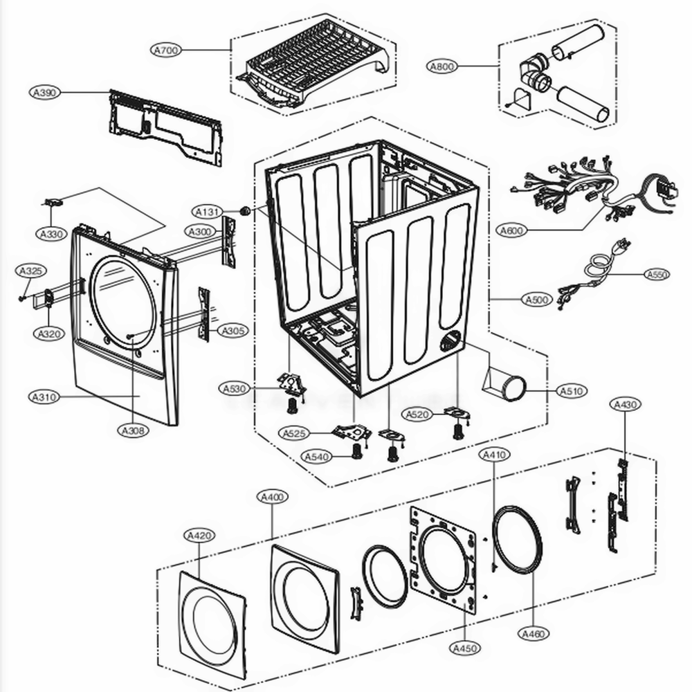 Panel Drawer Assembly And Guide Assembly: Gas Type Diagram and Parts List for 90311 ABWESEC LG Dryer